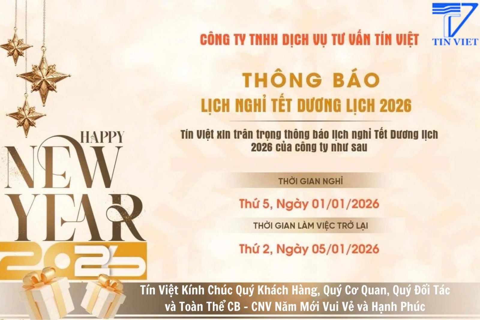 Thông báo nghỉ tết Dương lịch 2026